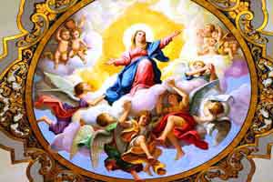 Mary rising to the heavens surrounded by Angels