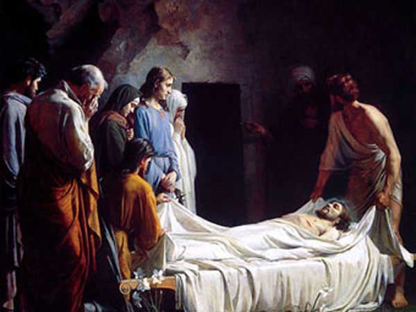 Painting by Carl Bloch – Burial of Christ with Nicodemus left and Arimathea on the right.
