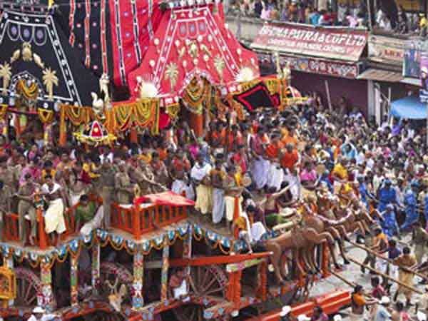 Puri Rath Yatra chariot carrying Subhadra, Balabhadra and Jagannath deities to Jagannth Temple.