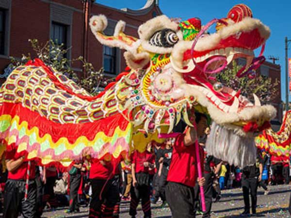 Chinese New Year parade with dragon in Downtown Los Angeles.
