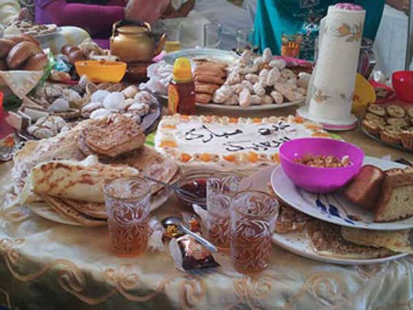 Breakfast on Eid al_Fitr with mint tea and other delights from Morocco.
