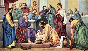 Jesus consecrating bread and wine for apostles